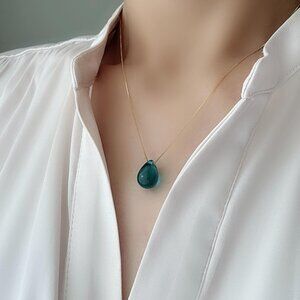 Teal Blue Czech Glass Teardrop Necklaces With Gold Plated Over Silver Chain